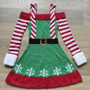 Planet Gold Dress Women XS Christmas Sweater Cold Shoulder Mini Santa Helper Elf